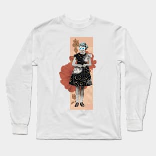 Vintage little Girl with Blue Glasses and Galaxy dress Rose Long Sleeve T-Shirt